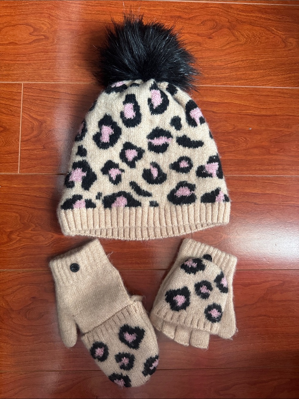 Kids Beige Leopard Print Pom Pom Hat and Mittens Set - Pink & Black Accents